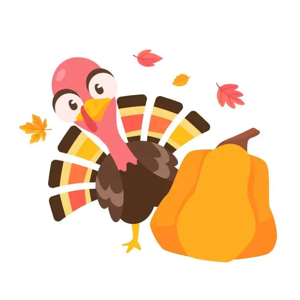 Vector illustration of happy thanksgiving cartoon turkey cute and pumpkin in the autumn