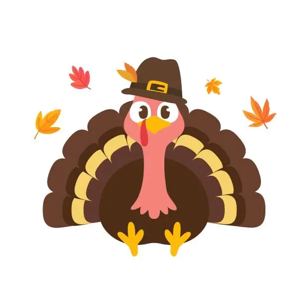 Vector illustration of happy thanksgiving cartoon turkey cute and pumpkin in the autumn