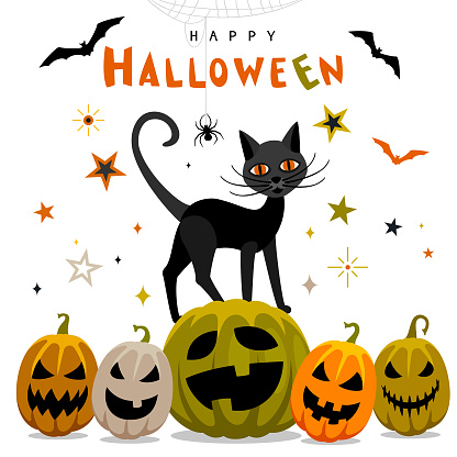 Halloween Banner. Cat and a group of jack-o-lanterns.