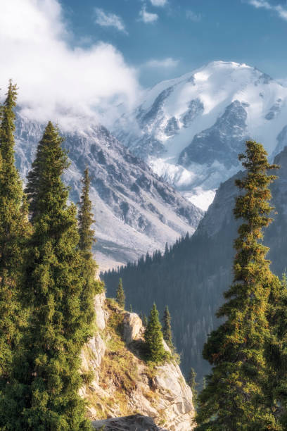 paisagem com montanha de neve, pico de ozerny nas montanhas tian shan no cazaquistão - alatau - fotografias e filmes do acervo