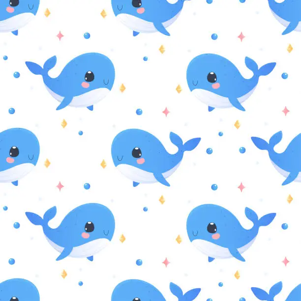 Vector illustration of a baby pattern with cute whales. Vector illustration