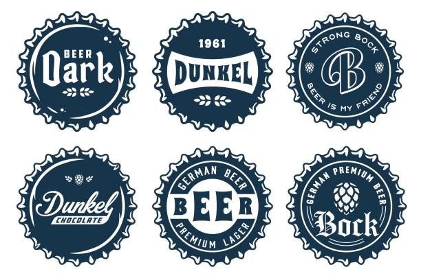 illustrazioni stock, clip art, cartoni animati e icone di tendenza di set vettoriale di tappi di birra monocromatico per la progettazione di birra in un birrificio. la collezione di tappi metallici per loghi della birra artigianale - pub