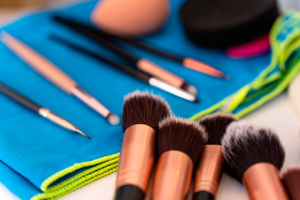 istock Professional makeup brushes on a towel in the studio. 1702432373