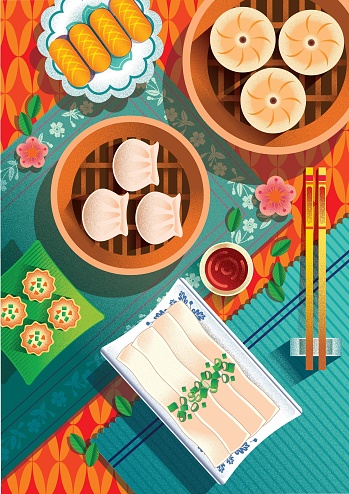 Authentic chinese dim sum serve on the table in vector format. Suitable for restaurant, food and beverage industries.