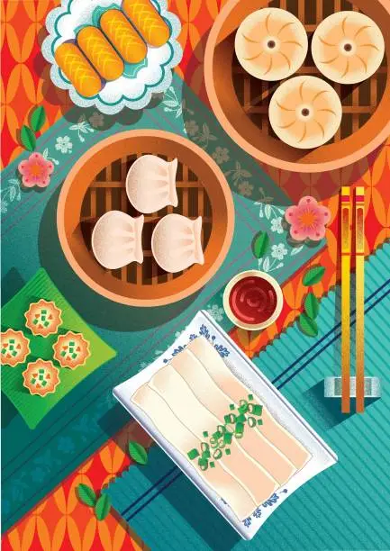 Vector illustration of Asian food. Chinese food. Chinese dim sum and dessert in vector.