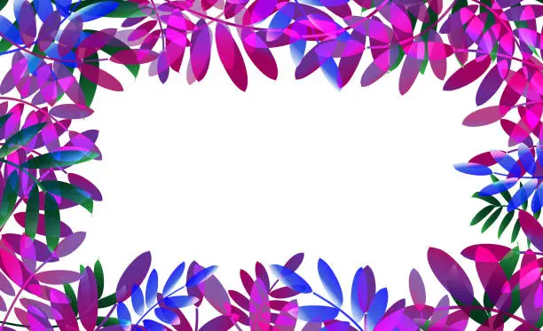 Vector illustration of Tropical leaves pattern in magenta, blue, pink and green with purple space. Use as banner, background, backdrop, website, card or printing. Vector illustrator. EPS 10