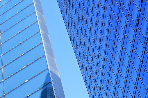 Upward view of Four Embarcadero Center tower in San Francisco, California.