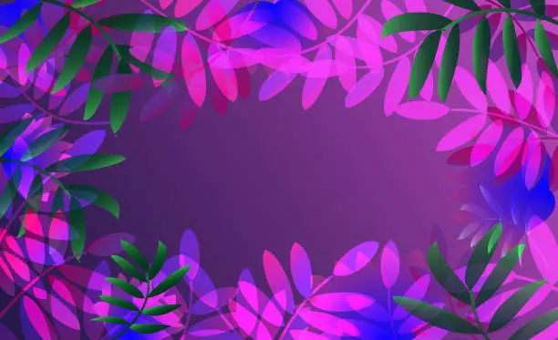 Vector illustration of Beautiful abstract tropical leaves pattern background in magenta, purple, pink and green.  Used as banner, background, backdrop, website, presentation, card or printing. Vector illustrator. EPS 10