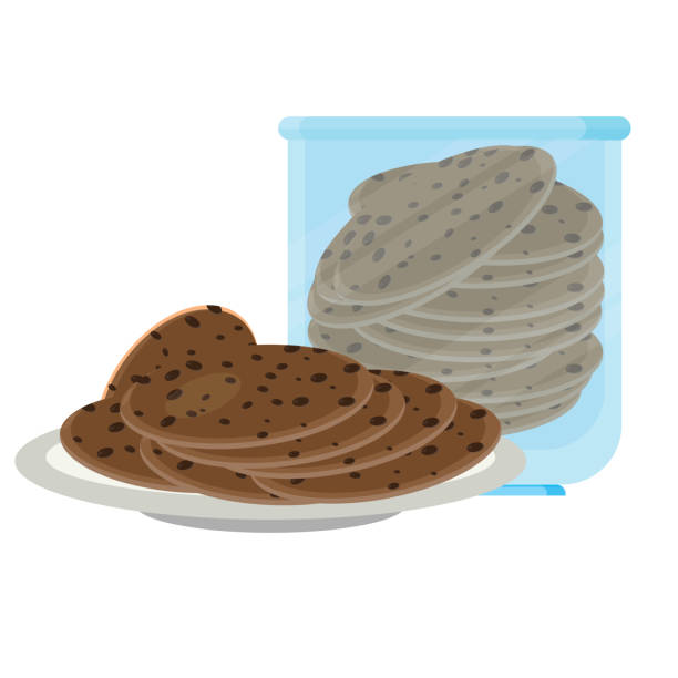 illustrazioni stock, clip art, cartoni animati e icone di tendenza di biscotti con gocce di cioccolato in un contenitore di vetro blu e su un piatto - biscotti cookie morning temptation
