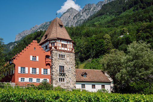 Vaduz, Liechtenstein - 04 August, 2019: Red medieval house with stepped gable and adjoining residential tower and vineyard in front of it, in the background a hill with dense green forests and a rocky mountain, Vaduz, Liechtenstein.