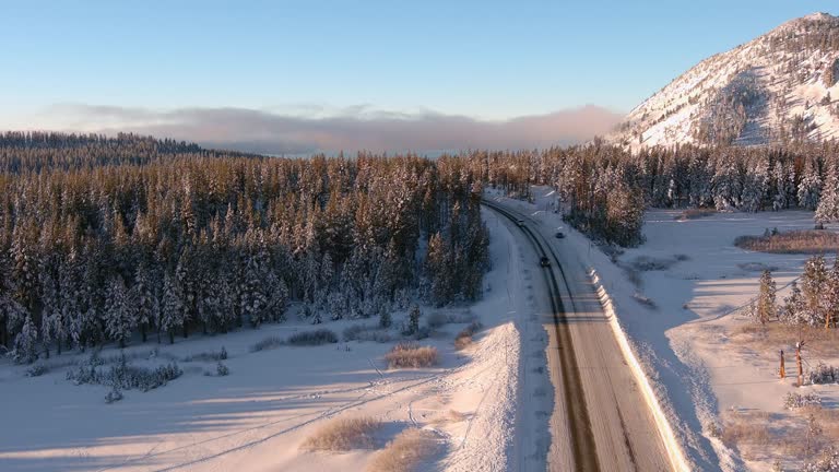 Aerial view flying over snow