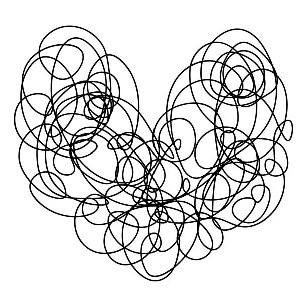 serce z bazgrołów. symbol miłości wykonany ze splątanych loków. kształt serca wykonany ze spiralnych linii. - chaos sketch heart shape two dimensional shape stock illustrations