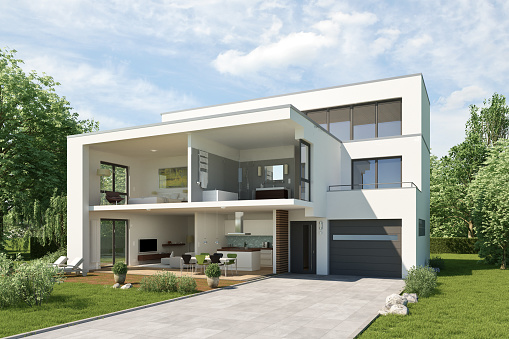 3d rendering of a modern cut house with a view of the interior