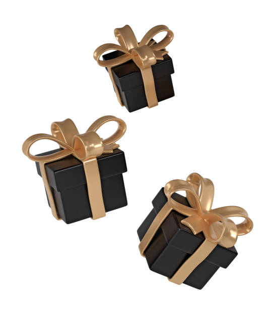 istock 3d black Friday three gift boxes icon with golden ribbon bow on white background. Render Shop Sale modern holiday. Realistic icon for present shopping banner or poster 1702493509