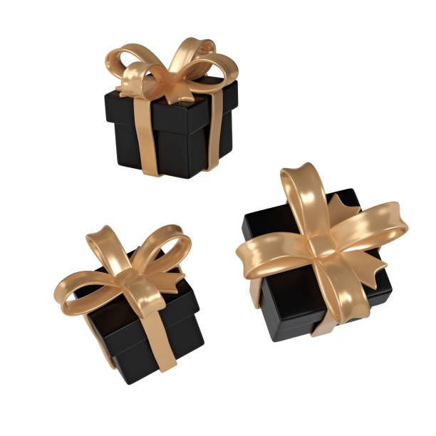 istock 3d black Friday three gift boxes icon with golden ribbon bow on white background. Render Shop Sale modern holiday. Realistic icon for present shopping banner or poster 1702493511