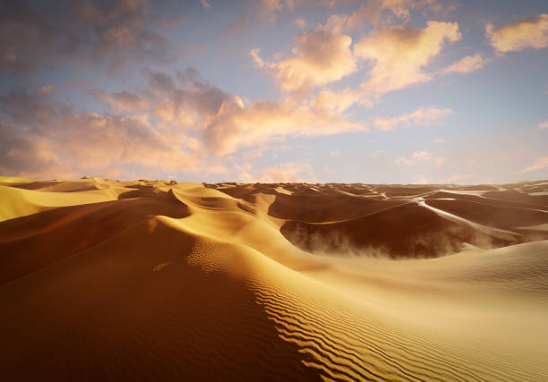 istock Sand dunes Sahara Desert at sunset and sandstorm, 3D illustration 1702498445