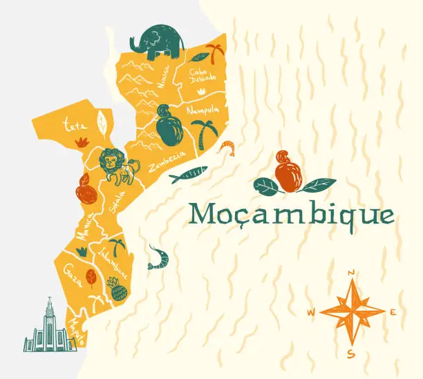 Vector illustration of Map of Mozambique with elements of its culture