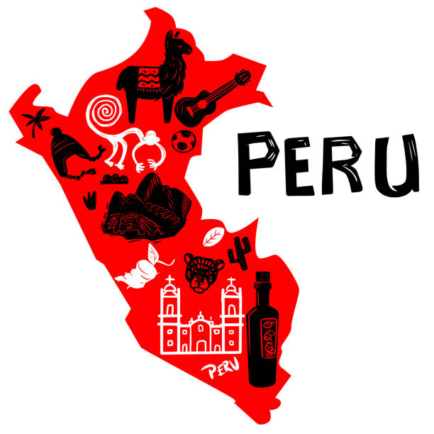 Map of Peru with elements of its culture Stylized Peru map with isolated vector elements. peru symbols stock illustrations