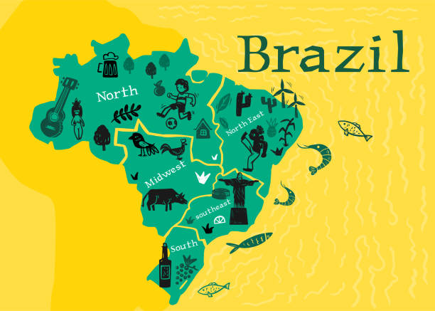 landkarte von brasilien mit elementen seiner kultur - brasilianische kultur stock-grafiken, -clipart, -cartoons und -symbole