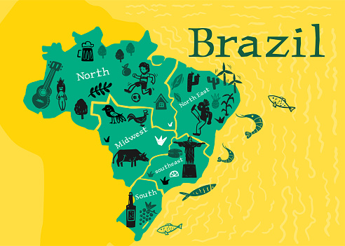 Stylized Brazil map with isolated vector elements.