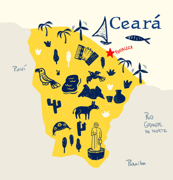 illustrazioni stock, clip art, cartoni animati e icone di tendenza di mappa di ceará con elementi della sua cultura - wooden raft illustrations