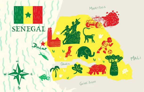 Vector illustration of Map of Senegal with elements of its culture