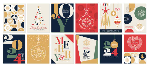 frohe weihnachten und einen guten rutsch ins neue jahr 2024 grußkartensammlung - weihnachtskarte stock-grafiken, -clipart, -cartoons und -symbole