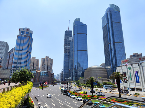 Office skyscrapers at Xujiahui main junction, Xuhui district, Shanghai, China