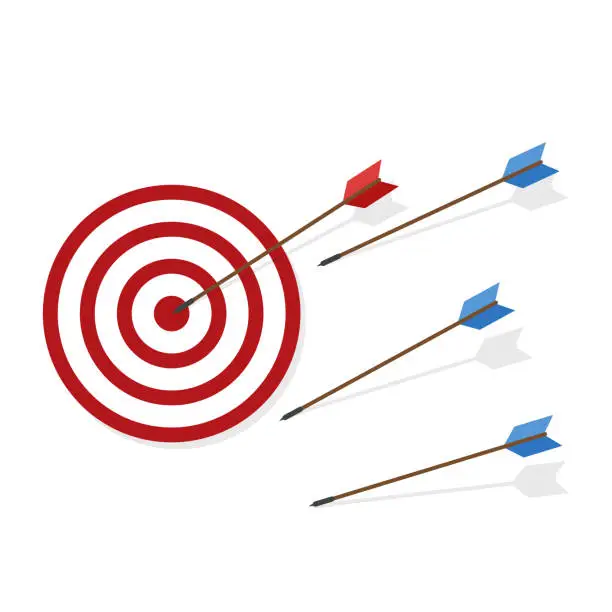 Vector illustration of Blue arrows missed hitting target and only red one hits the center. Business challenge failure and success concept.