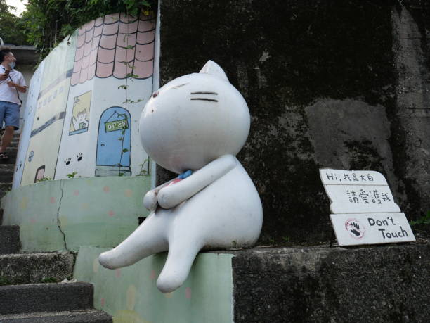 Taipei, Republic of China (Taiwan)-May 27, 2023: A view of Houtong Cat Village, Ruifang District, New Taipei. Its a small village in New Taipei and has become a popular tourist destination in Taiwan. Tourists walk around the area.