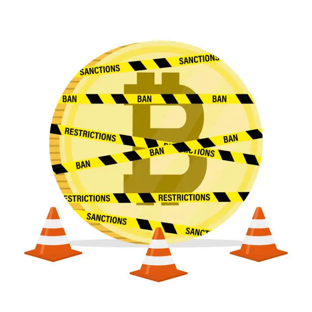 Vector illustration of Bitcoin in warning tapes and red cones. Restriction on the use of crypto currencies. Ban on bitcoin exchange. Sanctions against crypto markets. Ban on transactions and cryptocurrency mining.