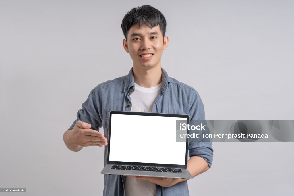 Person Showing Computer Man Showing Computer Laptop With Blank White Screen Stock Photo ...
