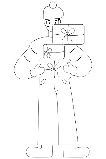 Cool crazy carefree guy wearing outerwear holding a bunch of gift boxes coloring page