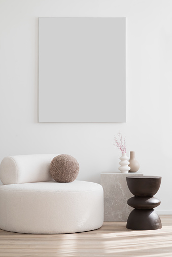 View of modern interior design. Minimalism rustic style. Blank white empty mock up for painting or poster.