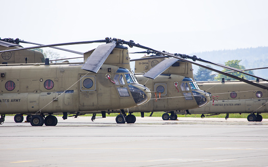 Graz, Austria - September 24, 2023: Chinook military transport helicopter of US Army parked at the ramp in Graz, Austria
