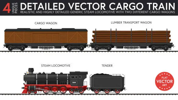 Vector illustration of Vector illustration of a set of generic steam cargo train parts.