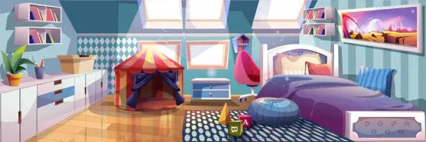 Vector illustration of Child bedroom background banner in flat cartoon design. Cozy boys room with mansard windows, bed and nightstand, bookshelves, desk, chair, play tent, toys. Home interior poster. Vector illustration