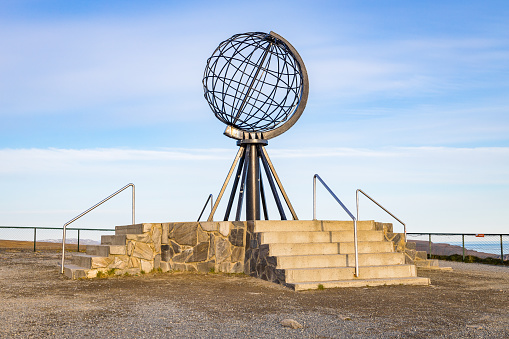 Nordkapp, Norway - June 11, 2023: Globe monument at the northernmost point of europe at the Nordkapp in Norway