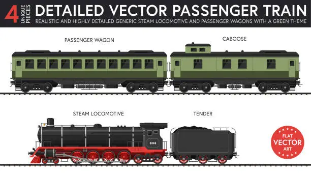 Vector illustration of Vector illustration of a set of generic steam passenger train parts.