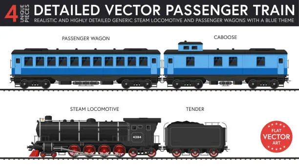 Vector illustration of Vector illustration of a set of generic steam passenger train parts.