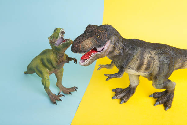 istock 2 dinosaurs fighting on a yellow and blue background 1702578470