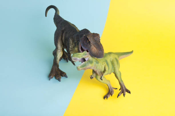 istock 2 dinosaurs fighting on a yellow and blue background 1702579097
