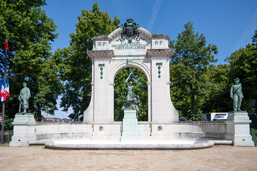 Chartres, France - July 8, 2023: This war memorial is close to Chartres Cathedral. It commemorates French soldiers who died in the 1870-71 war between France and Germany.