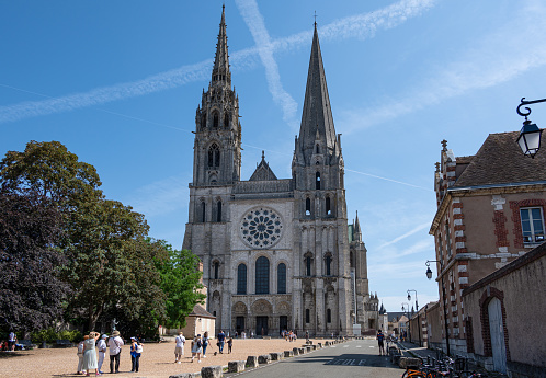 Chartres, France - July 8, 2023: Chartres Cathedral, also known as the Cathedral of Our Lady of Chartres, is a Catholic church in Chartres, France, about 80 km southwest of Paris.
