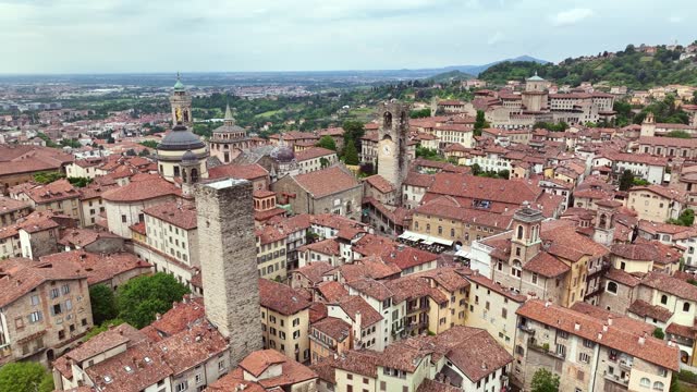 Italy, Bergamo Alta, an aerial travel from Piazza Vecchia to the whole  ancient medieval village of Bergamo