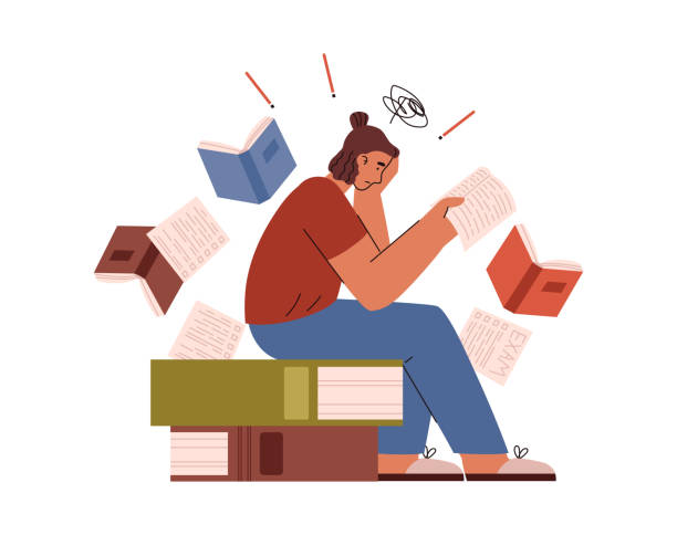 istock Stressed woman sits on pile of books and studies, flat vector illustration isolated on white background. 1702606861