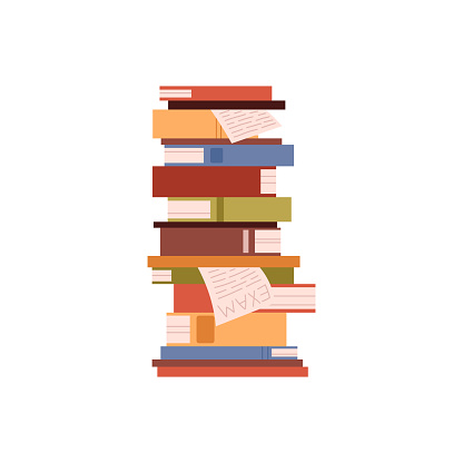 High pile of books. Stack of colored books with bookmarks. Vector isolated school textbooks and bestsellers literature, dictionaries and encyclopedias, library or bookstore. Exam and education concept