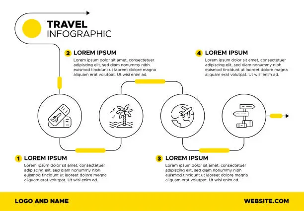 Vector illustration of Travel & Vacation Infographic Template - Tourism, Airplane, Beach, Palm Tree