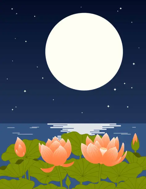 Vector illustration of Asian background with lotus flowers, full moon