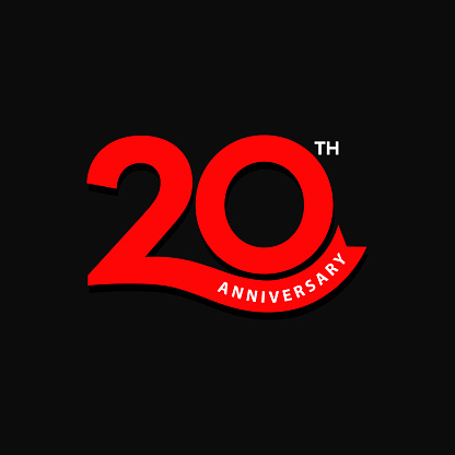 Red color 20th anniversary logo design on black background. 20 years anniversary icon, stamp, label with ribbon. Birthday celebration greeting card sign and symbol of number 20.